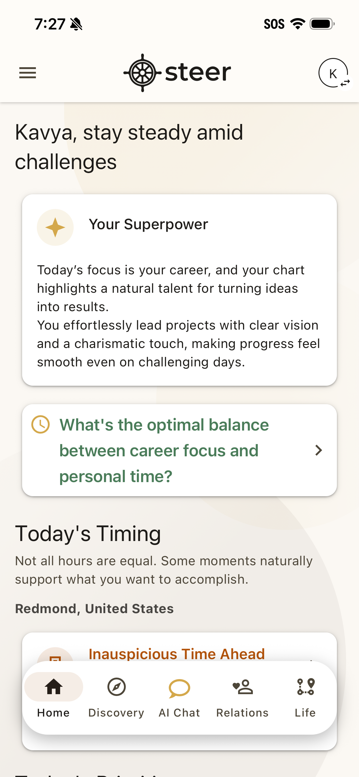 Steer app home screen showing personalized daily guidance and insights