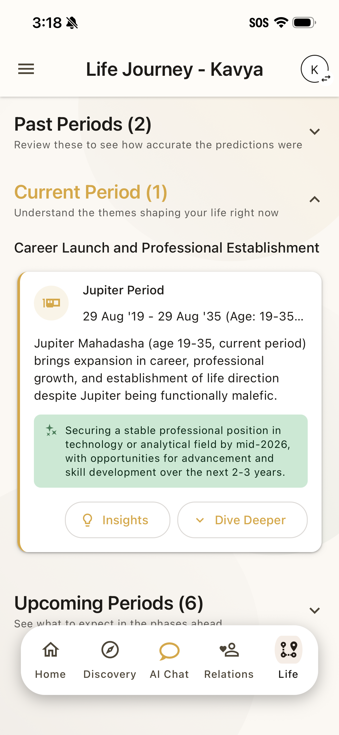 Steer life timeline showing current period and upcoming transitions